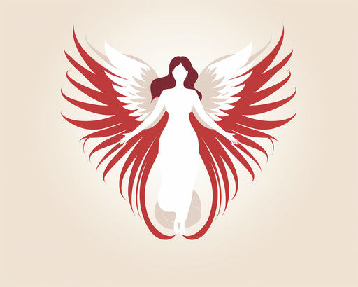 An angel carrying a winged heart, extruded design style, graphic and symmetrical