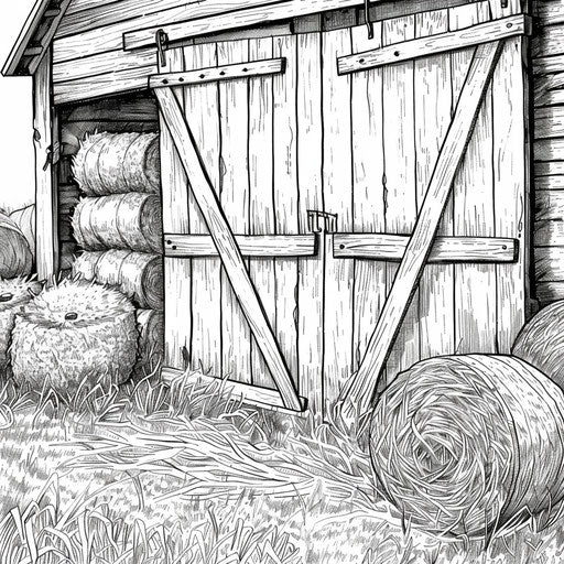 Detail of barn wooden doors and stacked hay bales outside