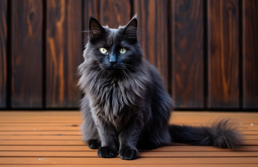 Black cat sitting on a wooden deck