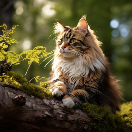 Norwegian forest cat lying on a tree branch