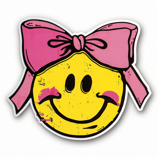 Yellow smiling face with pink bow and bows sticker, bold graphic style