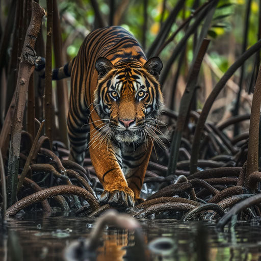 Sumatran tiger exploring a complex mangrove root system