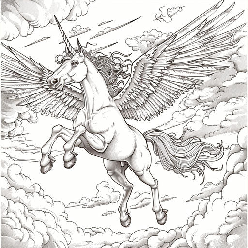 Pegasus flying with spread wings on a coloring book page