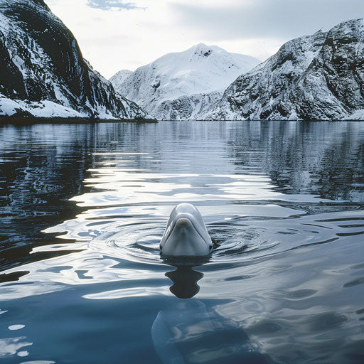 White whale in calm bay surrounded by snowy mountains