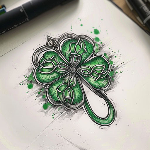Traditional sketch of a four-leaf clover with Celtic knots and deep green accents