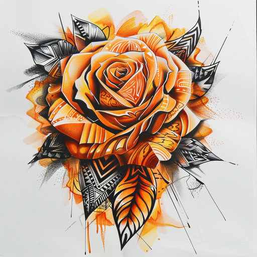 Sketch of a tribal tattoo of an amber rose with bold tribal patterns and stark contrasts, incorporating cultural motifs