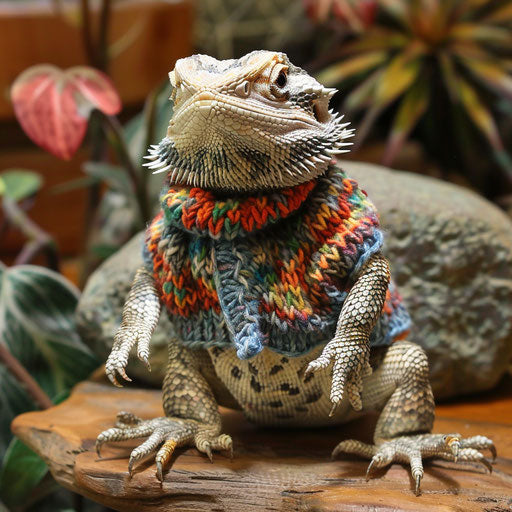 Whimsical depiction of a bearded dragon in a tiny hand-knitted sweater