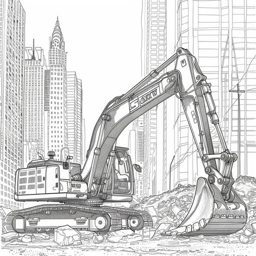 Detailed excavator in a cityscape, Stephen Wiltshire style