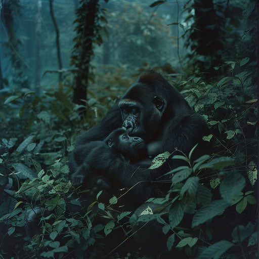 Western lowland gorilla cradling her newborn in dense rainforest underbrush at dawn.