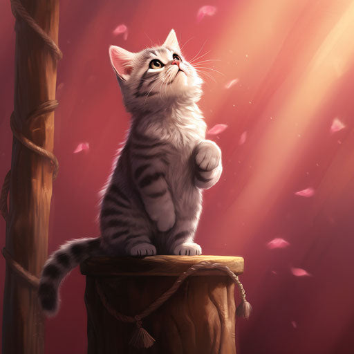 Cat on a scratching post looking up, light maroon and gray style, cute and dreamy