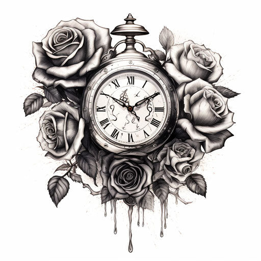 Cute clock tattoo with skull and roses