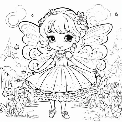 Fairy in ballgown coloring page, cartoon kawaii style