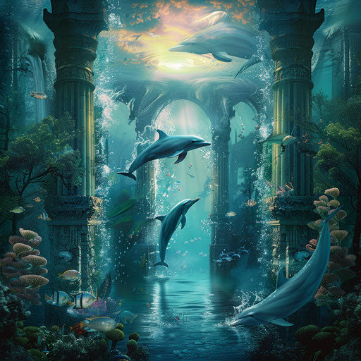 Dolphins swimming through underwater portals