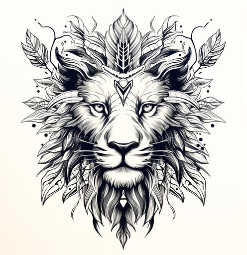 African lion head with tattoo details in black and white