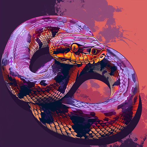 Snake illustration in photorealistic style with flat random background, high contrast and saturated hues
