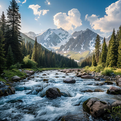Beautiful mountain river with rocks and pine trees