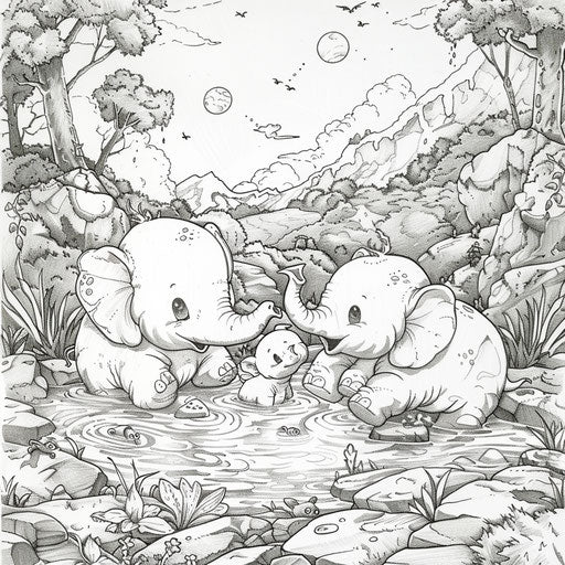 Elephants having fun in water, Mamoru Hosoda style