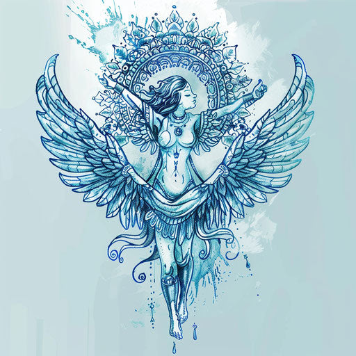 Flat clipart style drawing for a Sak Yant tattoo depicting an angel in flight, with soft blue hues