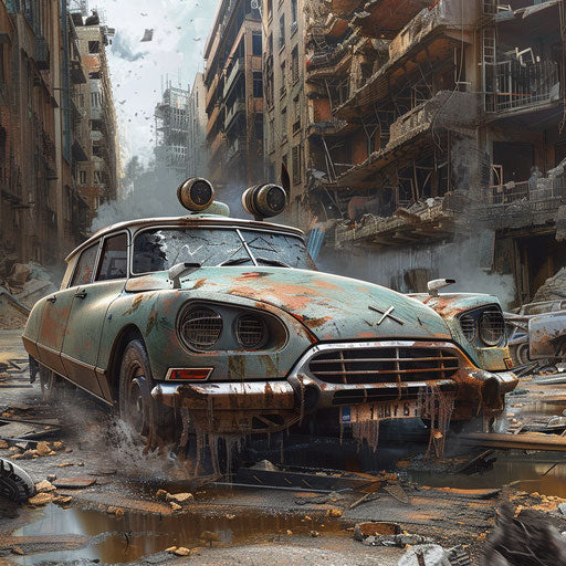 Post-apocalyptic Citroen DS 20 with armor and weapons