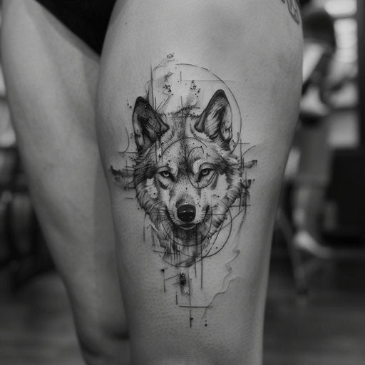 Mystical wolf thigh tattoo in the style of Adrian Smith