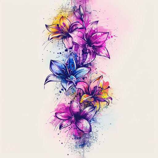 Sketch of single needle tattoo with vibrant watercolor splashes