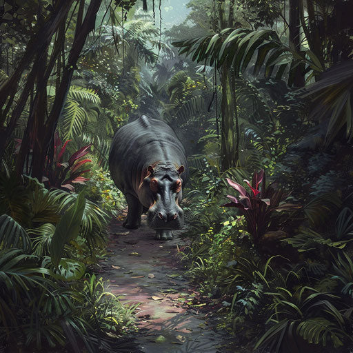 Solitary hippo in lush jungle