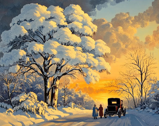 Winter scene with snow-covered trees, people in warm holding hands under the trees, an old Model T Ford parked on the side of the road, beautiful sunset casting golden light over everything. Painting in the style of Al Capp.