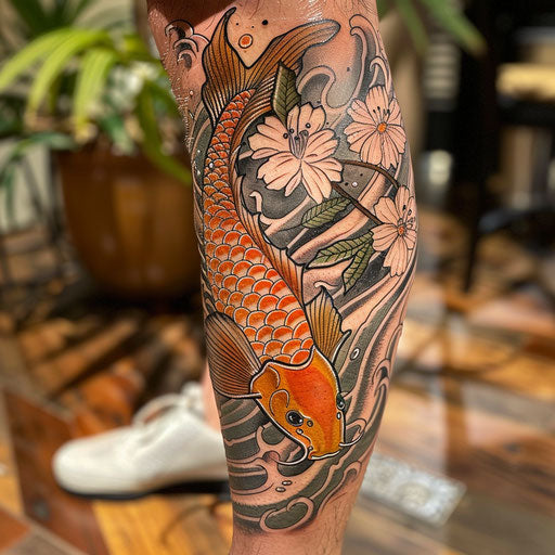Koi fish swimming upstream in Japanese style