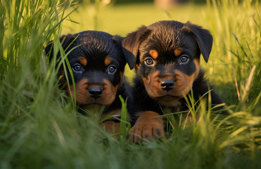 Rottweiler puppies in grass, dark green and orange style