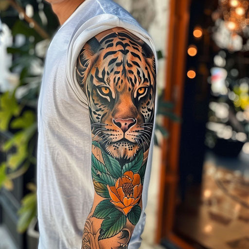 Wildlife sleeve tattoo in the style of Humberto Ramos