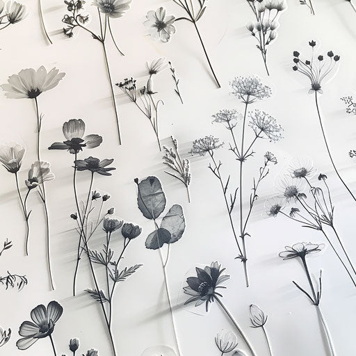 Wildflower tattoos in monochrome on white background