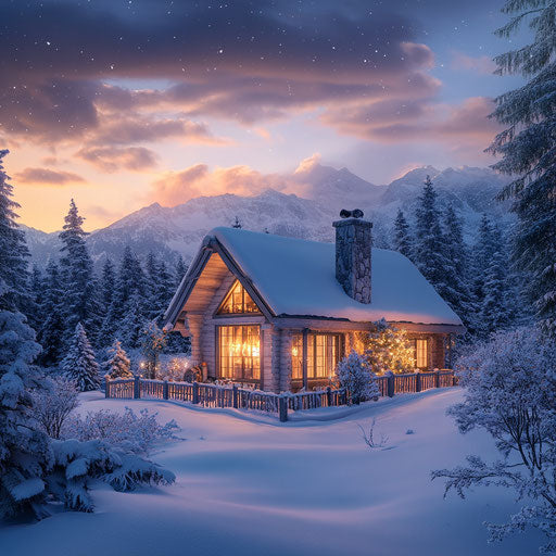 Mountain cabin at dusk in fresh snow with warm light