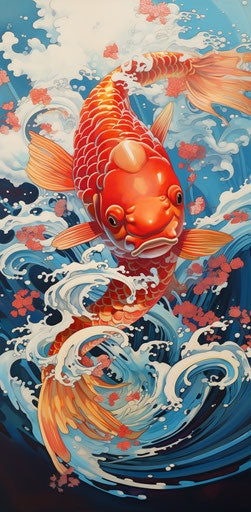 Koi fish swimming in a colorful gold and cyan wave