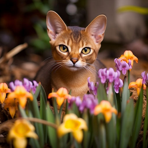 Abyssinian cat in a flower bed with beautiful flowers