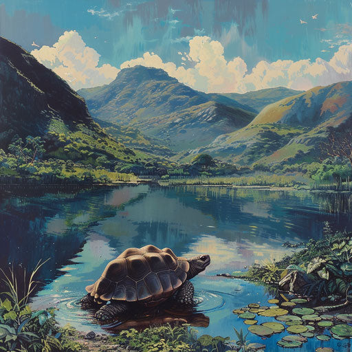Serene lake with giant tortoise by water's edge, mountains