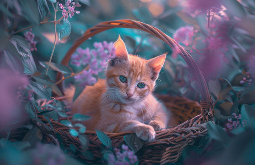 orange kitten in a basket in the spring garden