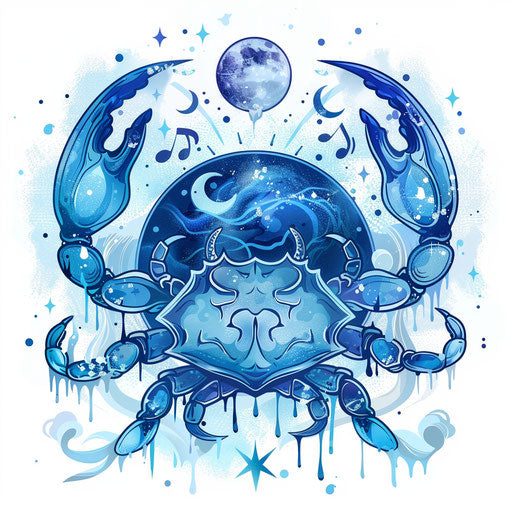 Stylized Cancer symbol with water elements and moon phases