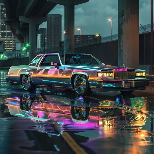 An 83 Cadillac Coupe DeVille wrapped in holographic vinyl, reflecting a spectrum of colors in a futuristic urban district.
