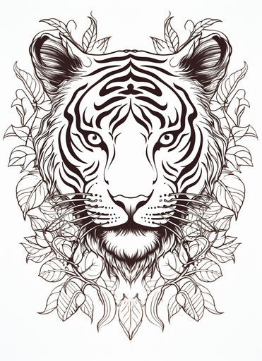 Tiger in leafy tattoo pattern, white background