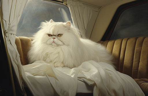 A Persian cat sitting in a car, with exaggerated facial features