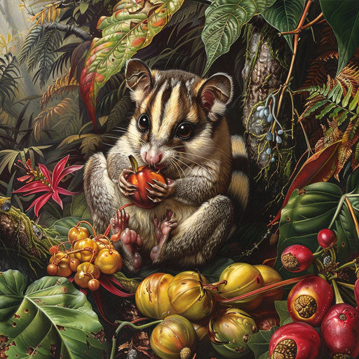 A sugar glider feasting on exotic fruits in a lush rainforest