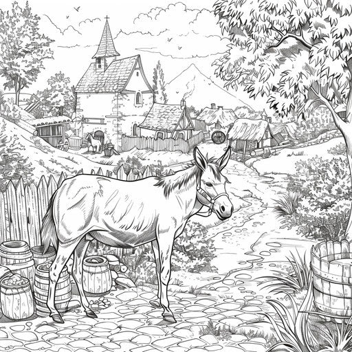Donkey in a rural village: detailed artistic illustration