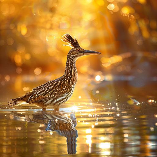 Running bird near reflective water with light play in the style of Paul Souders