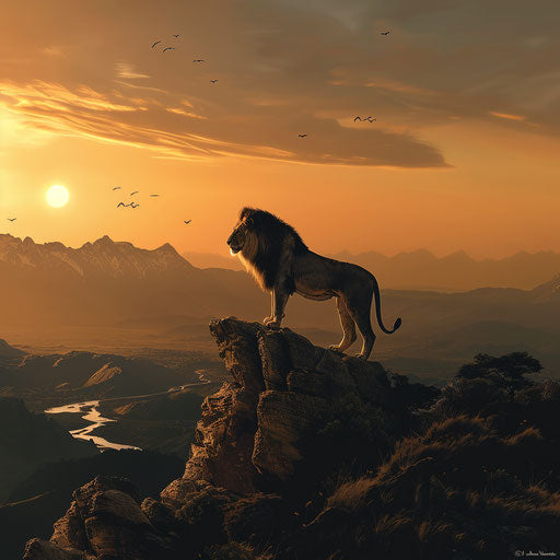 Majestic lion on a mountain, gazing at the horizon
