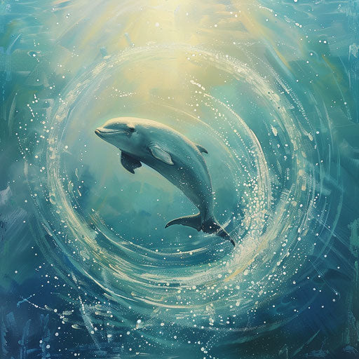 Porpoise diving in sunlit waters surrounded by bubbles