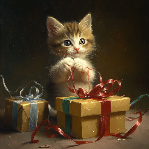 Playful kitten unraveling ribbons while opening gifts