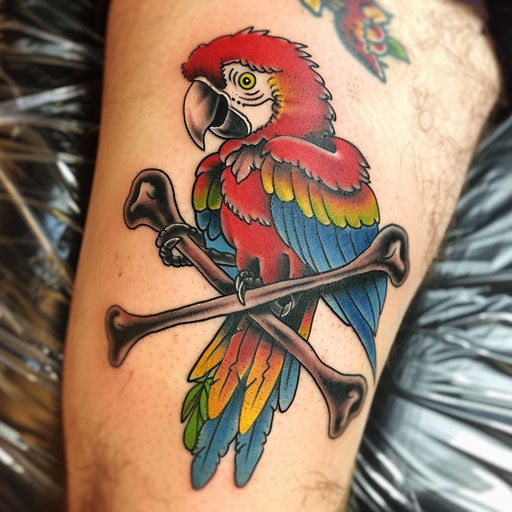 Vibrant traditional pirate skull tattoo with colorful parrot