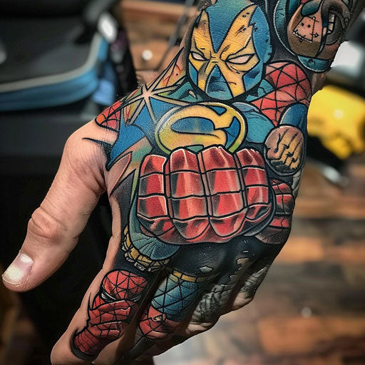 Hand tattoo for men with dynamic superhero symbols, in the style of Humberto Ramos