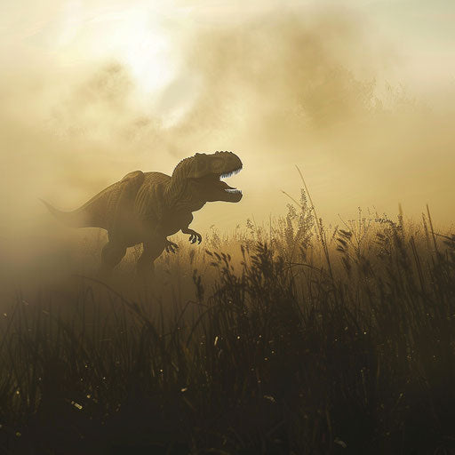 T-rex dinosaur in a misty prehistoric landscape