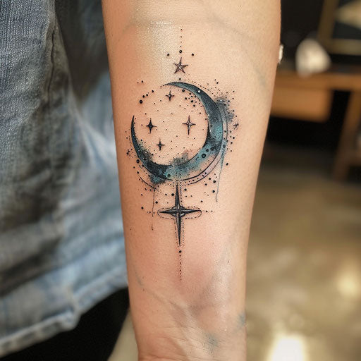 Sketch of a mystical moon and stars tattoo with watercolor effect for wrist coverup tattoo for women